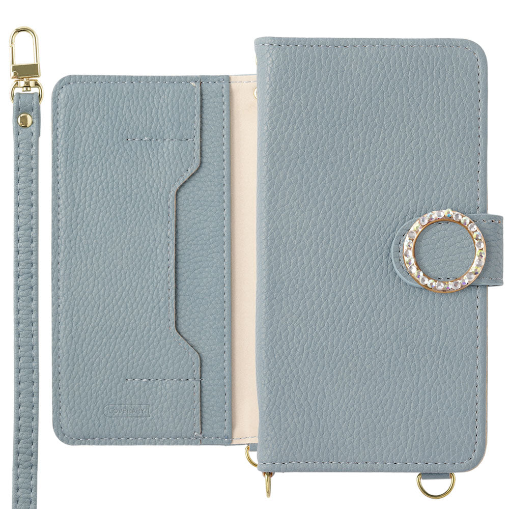 ヴィーガンレザー スタンド機能 ラウンドストーン ショルダーストラップ付き 手帳型ケース（ベルトあり）