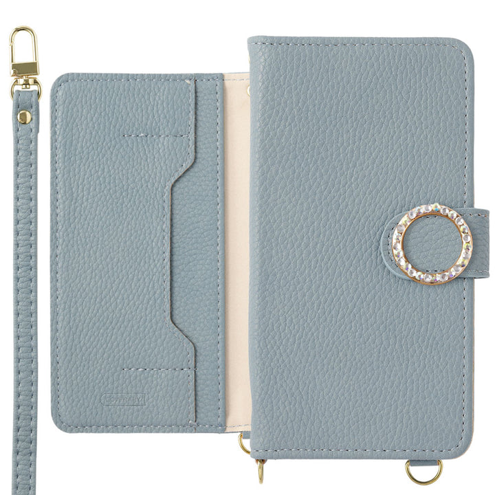 ヴィーガンレザー スタンド機能 ラウンドストーン ショルダーストラップ付き 手帳型ケース（ベルトあり）
