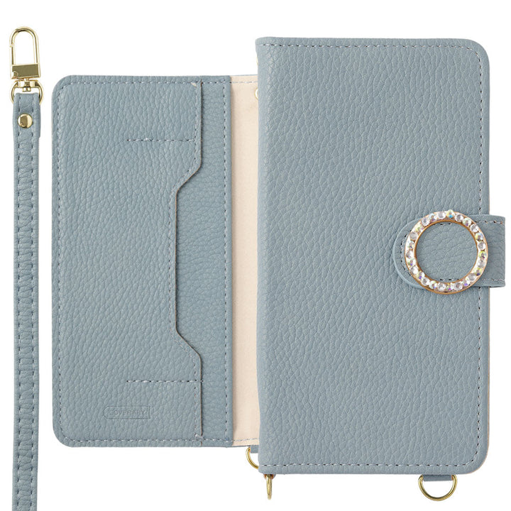 Vegan leather stand function round stone shoulder strap attached notebook-type case (with belt) AQUOS series