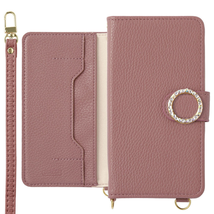 Vegan leather stand function round stone shoulder strap attached notebook-type case (with belt) AQUOS series