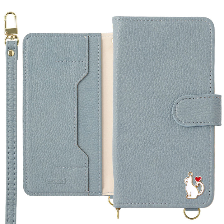 Vegan leather heart cat deco stand function with shoulder strap notebook-style case (with belt)