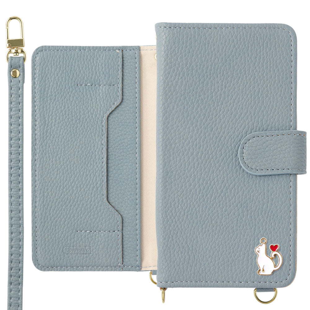 Étui portefeuille avec fonction support, décoration cœur chat en cuir végan, avec bandoulière (avec ceinture) pour la série Galaxy