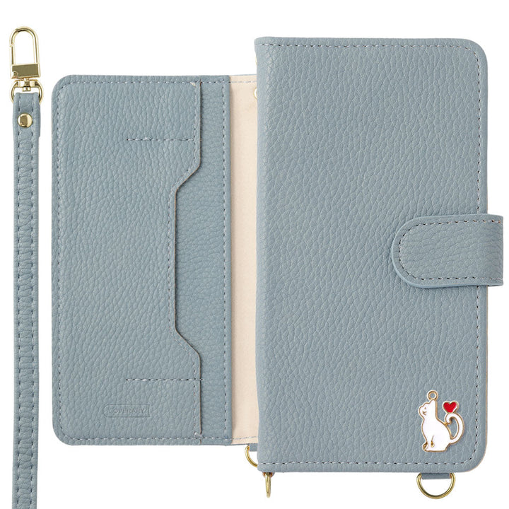 Étui portefeuille avec fonction support, bandoulière, décoration cœur chat en cuir végan (avec ceinture) pour la série Xperia