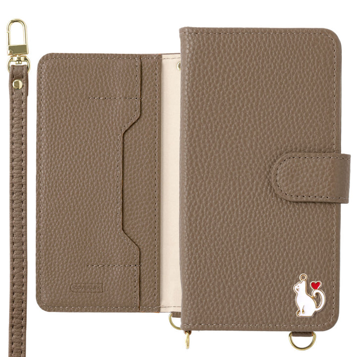 Vegan leather heart cat deco stand function with shoulder strap notebook-style case (with belt)