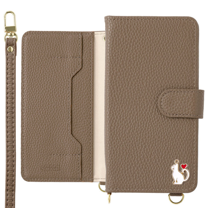 Étui portefeuille avec fonction support, bandoulière, décoration cœur chat en cuir végan (avec ceinture) pour la série Xperia