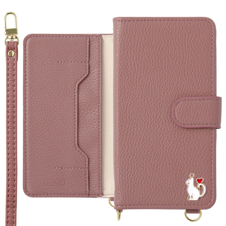 Vegan leather heart cat deco stand function with shoulder strap notebook-style case (with belt)
