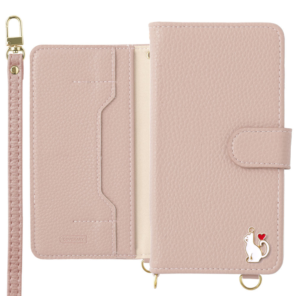 Vegan leather heart cat deco stand function with shoulder strap notebook-style case (with belt)