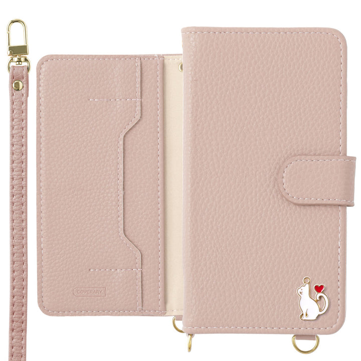 Vegan leather heart cat deco stand function with shoulder strap notebook-style case (with belt)