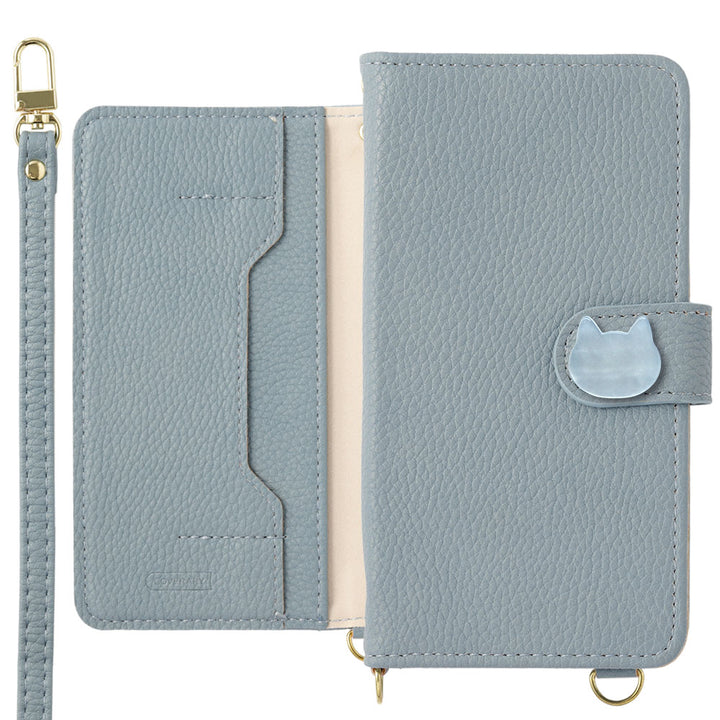 ヴィーガンレザー キャットデコ スタンド機能 ショルダーストラップ付き 手帳型ケース（ベルトあり）