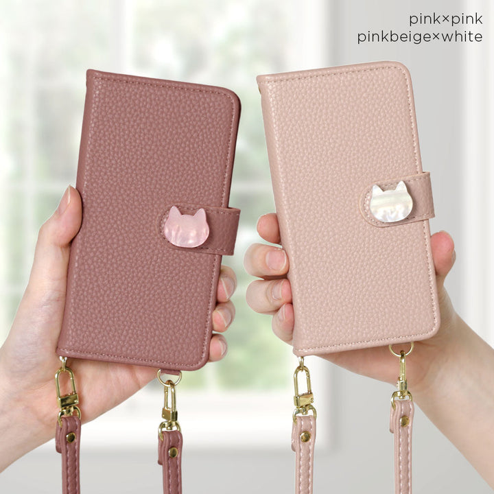 Étui portefeuille avec fonction support, sangle d'épaule, décoration chat en cuir végan (avec ceinture) pour la série Xperia