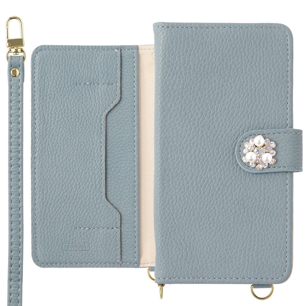 Vegan leather crystal pearl decoration stand function with shoulder strap notebook-style case (with belt) AQUOS series