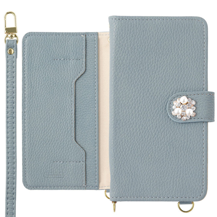 Vegan leather crystal pearl decoration stand function with shoulder strap notebook-style case (with belt) AQUOS series