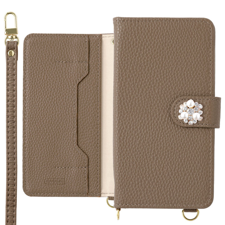 Vegan leather crystal pearl decoration stand function with shoulder strap notebook-style case (with belt) AQUOS series
