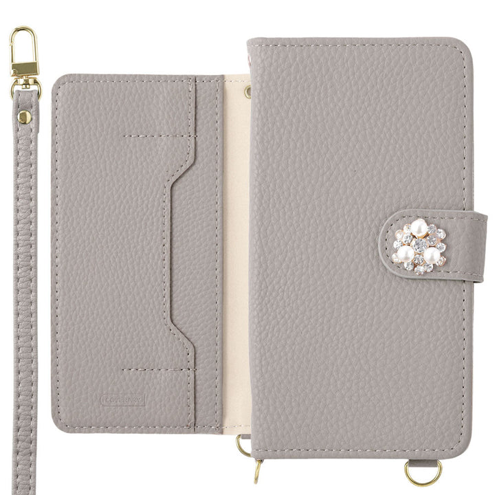 Vegan leather crystal pearl decoration stand function with shoulder strap notebook-style case (with belt) AQUOS series