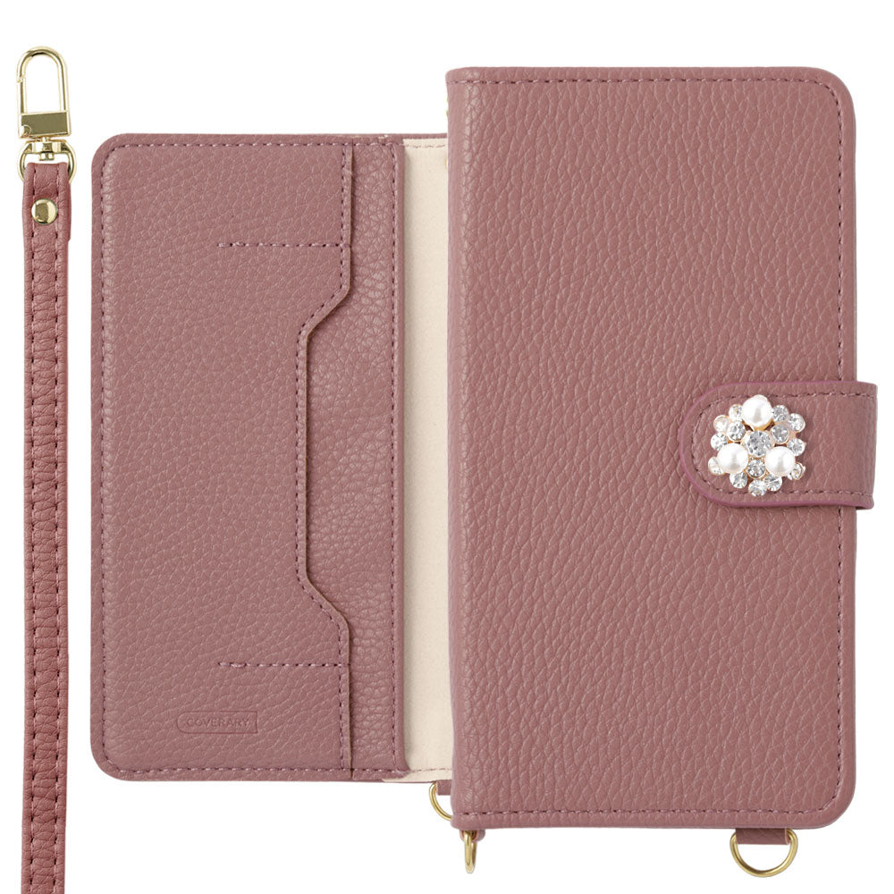 Vegan leather crystal pearl decoration stand function with shoulder strap notebook-style case (with belt) AQUOS series