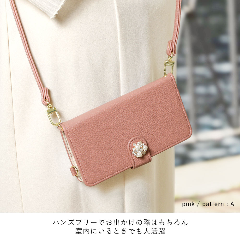 Vegan leather crystal pearl decoration stand function with shoulder strap notebook-style case (with belt) AQUOS series