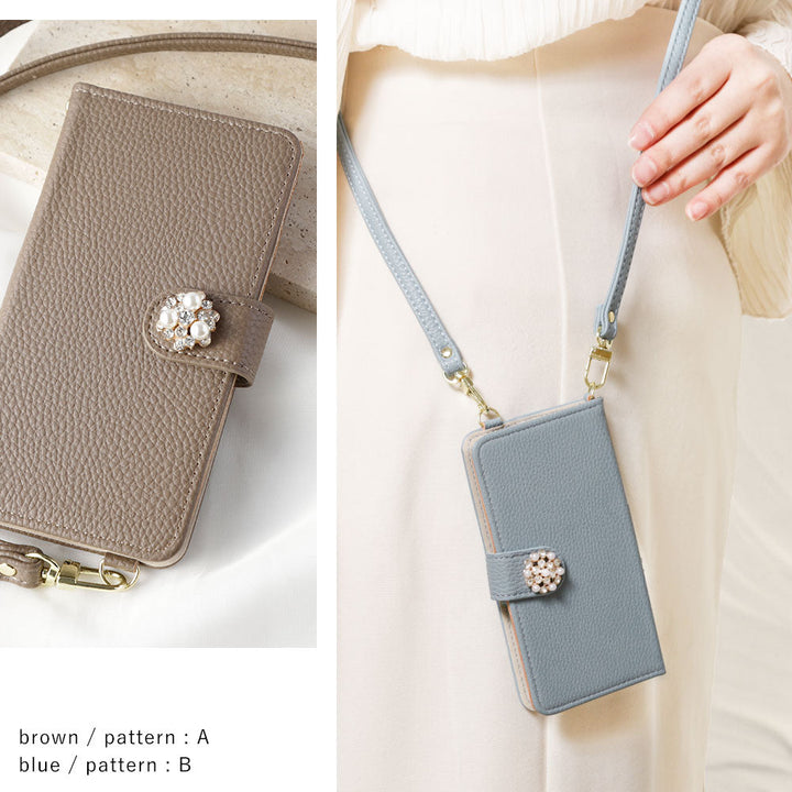 Vegan leather crystal pearl decoration stand function with shoulder strap notebook-style case (with belt) AQUOS series