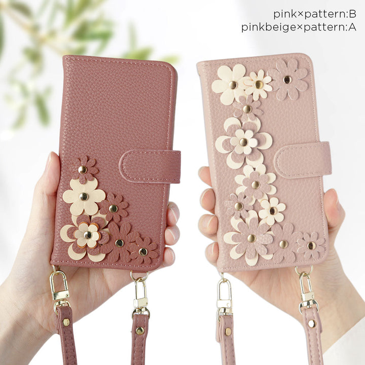 Vegan leather flower motif stand function shoulder strap included notebook-style case (with belt) for Google Pixel series