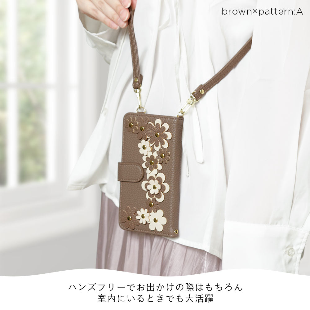 Vegan leather flower motif stand function shoulder strap included notebook-style case (with belt) AQUOS series