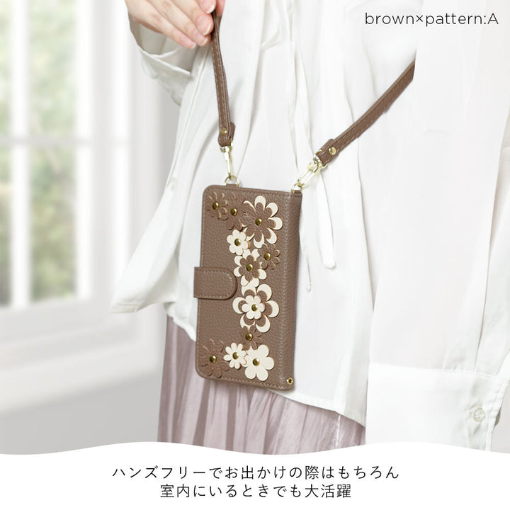 Vegan leather flower motif stand function shoulder strap included notebook-style case (with belt) Galaxy series