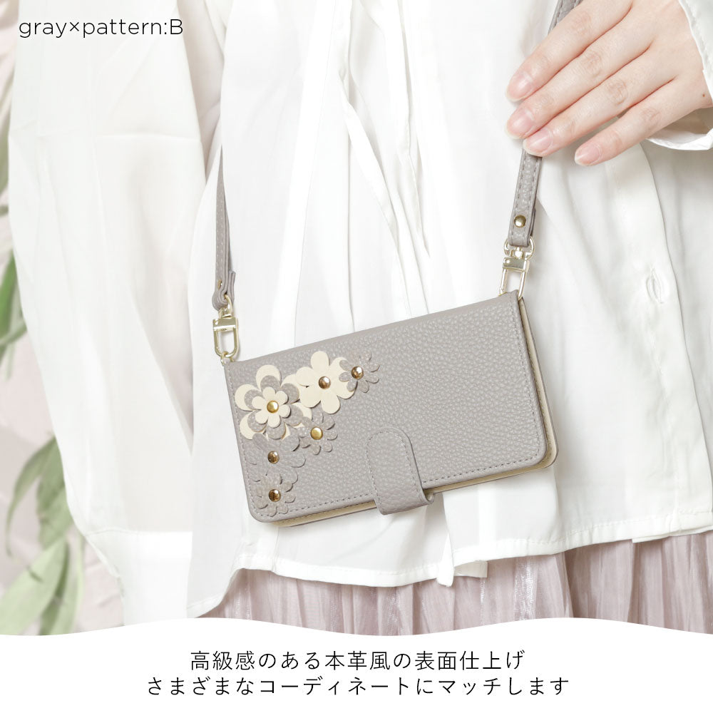 Vegan leather flower motif stand function shoulder strap included notebook-style case (with belt) Galaxy series