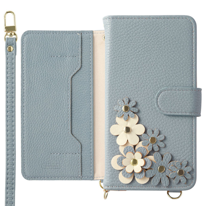 Vegan leather flower motif stand function shoulder strap included notebook-style case (with belt) Galaxy series