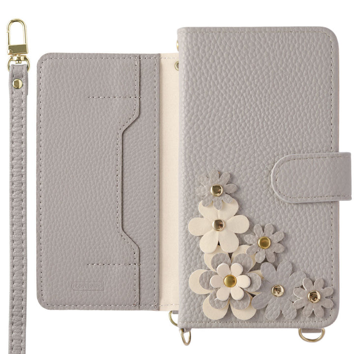Vegan leather flower motif stand function shoulder strap included notebook-style case (with belt) AQUOS series
