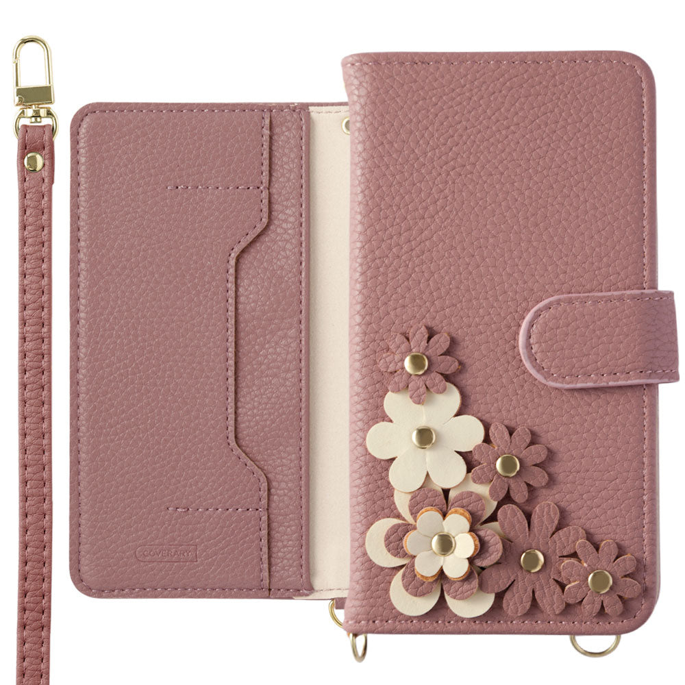 Vegan leather flower motif stand function shoulder strap included notebook-style case (with belt) Galaxy series