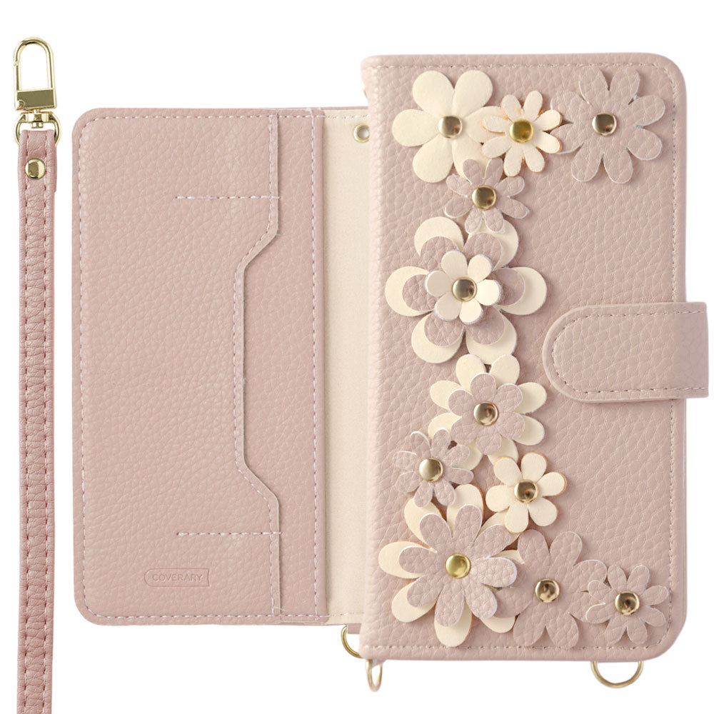 Vegan leather flower motif stand function shoulder strap included notebook-style case (with belt) AQUOS series