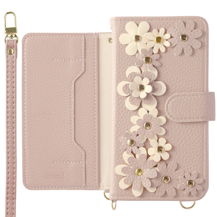 Vegan leather flower motif stand function shoulder strap included notebook-style case (with belt) AQUOS series