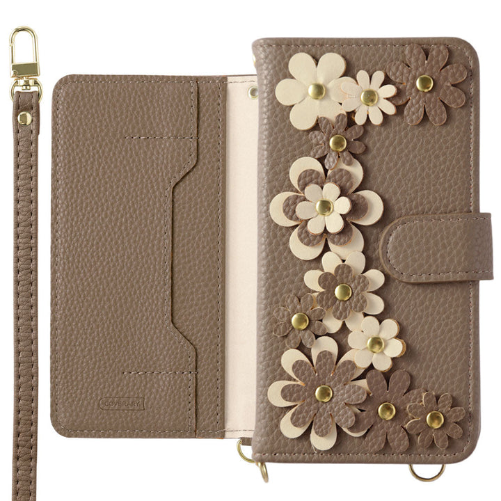 Vegan leather flower motif stand function shoulder strap included notebook-style case (with belt) Galaxy series