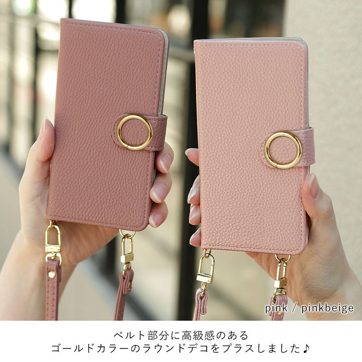 Vegan leather gold ring stand function shoulder strap included notebook-style case (with belt)