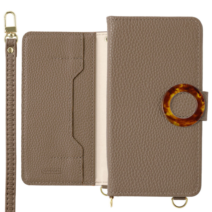 Vegan leather marble ring stand function with shoulder strap notebook-style case (with belt) AQUOS series