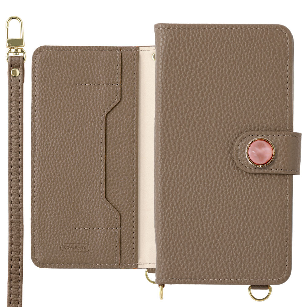 Vegan leather one-point natural stone style decoration stand function with shoulder strap notebook-style case (with belt) for iPhone series