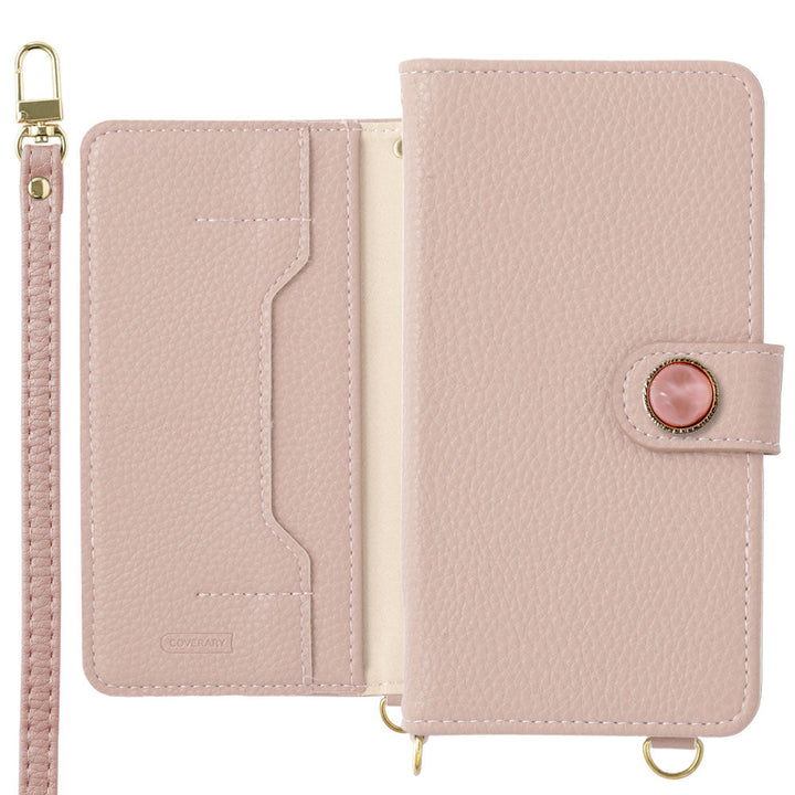 Étui portefeuille avec fonction support, décoration en pierre naturelle style point unique en cuir végan, avec bandoulière et ceinture, pour la série Xperia