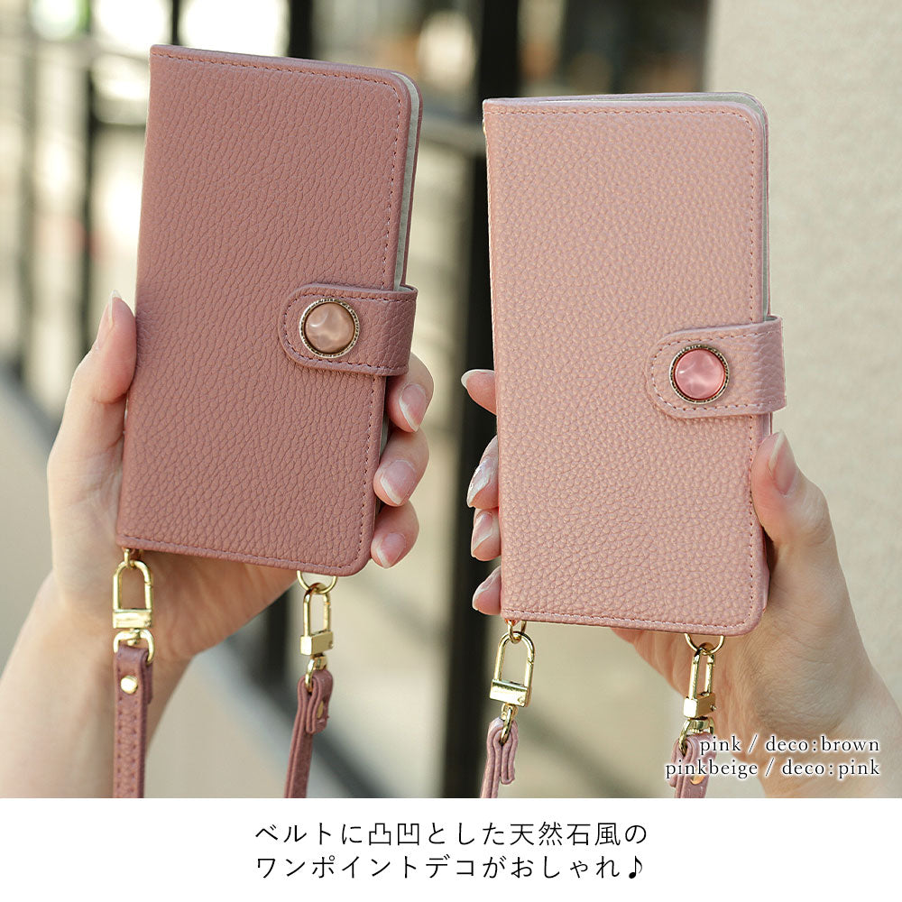 Vegan leather one-point natural stone style decoration stand function with shoulder strap notebook-style case (with belt) for iPhone series