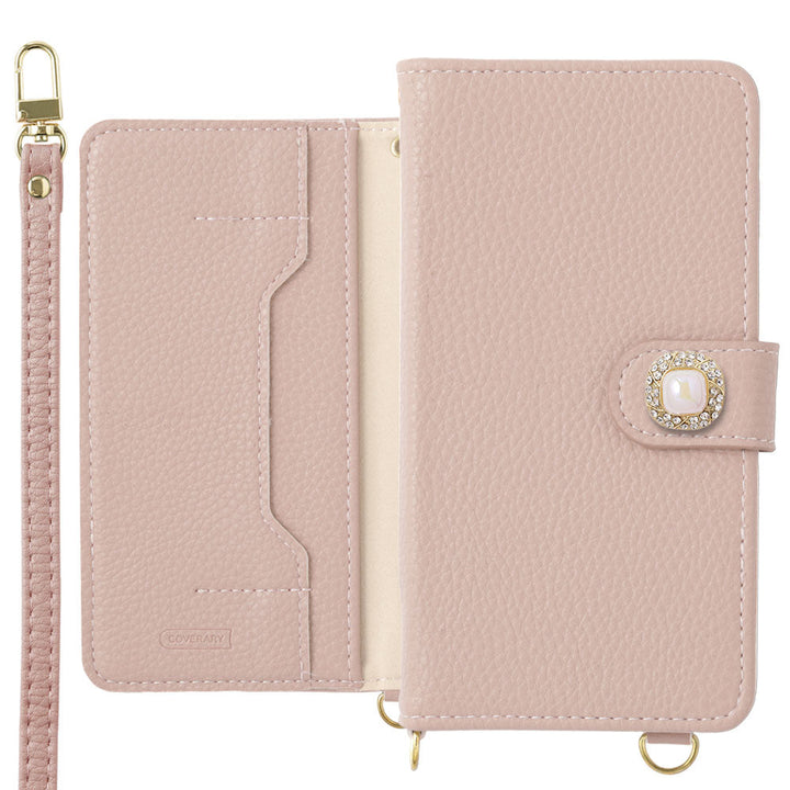 Étui portefeuille avec fonction support en cuir végan, décoration perle unique, avec bandoulière (avec ceinture)