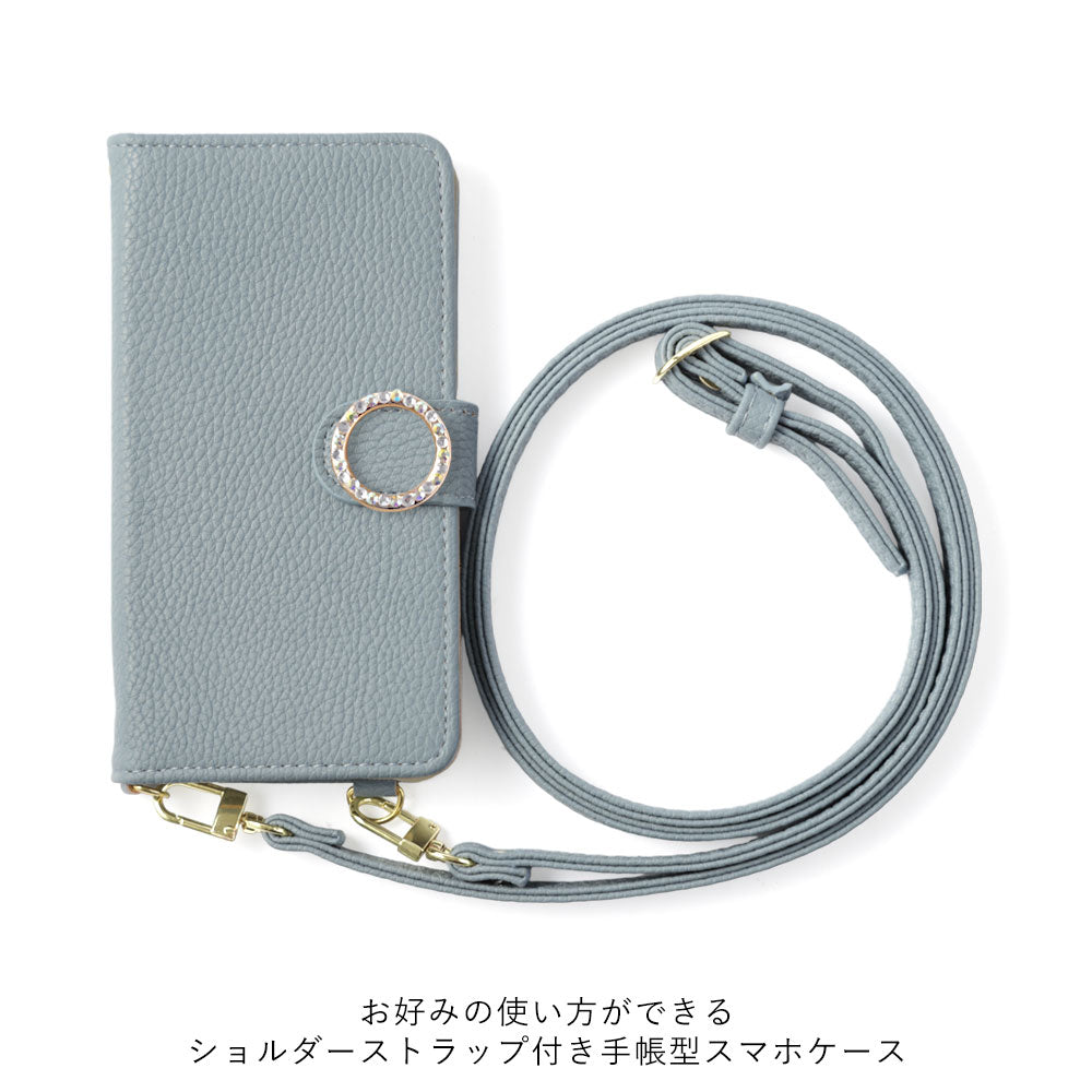 Vegan leather stand function round stone shoulder strap attached notebook-type case (with belt) AQUOS series
