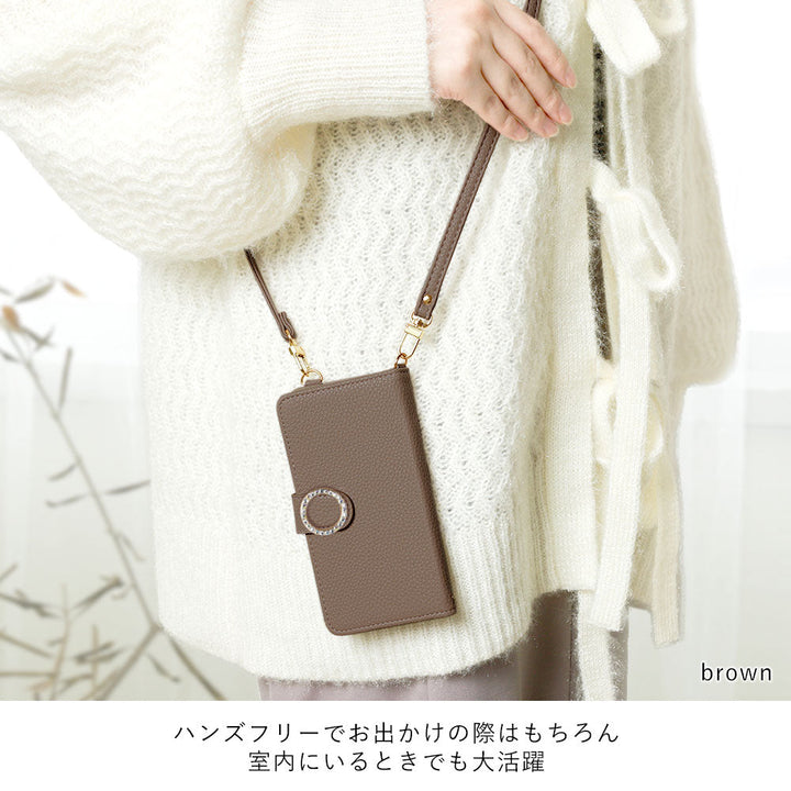 Vegan leather stand function round stone shoulder strap attached notebook-type case (with belt) AQUOS series