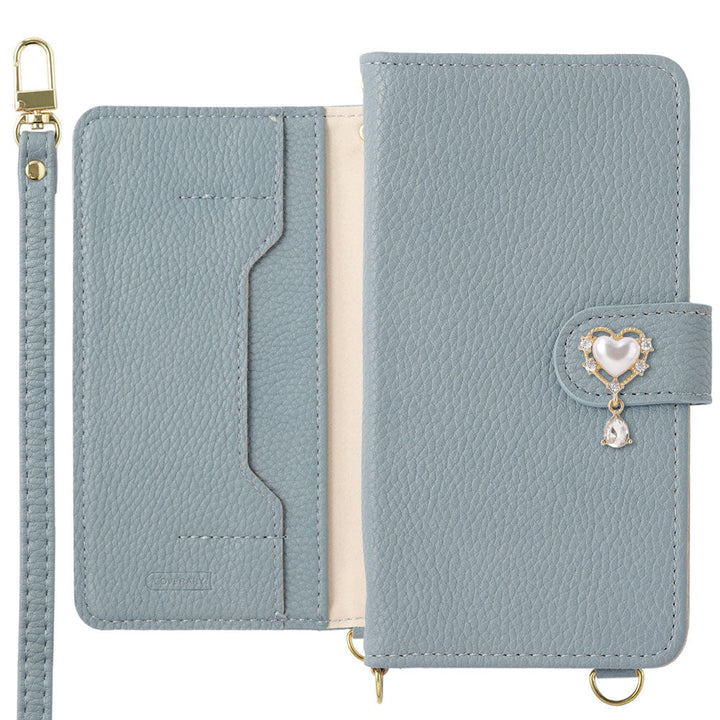 Vegan leather stand function heart deco with shoulder strap notebook-style case (with belt) Galaxy series