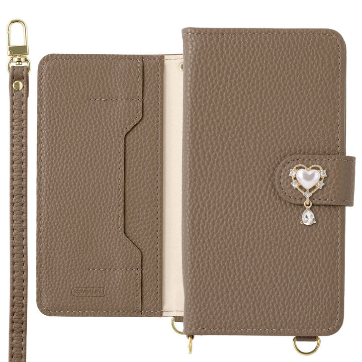 Vegan leather stand function heart deco with shoulder strap notebook-type case (with belt) AQUOS series