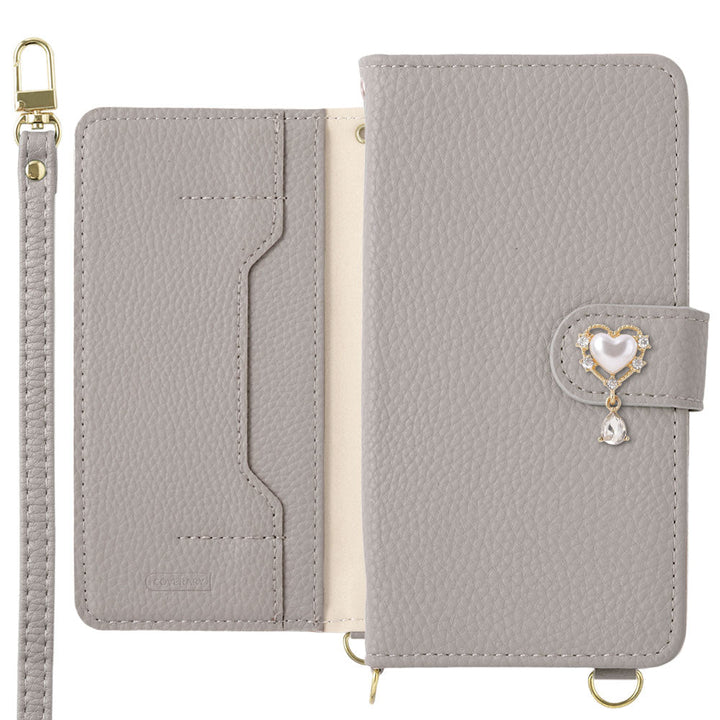 Vegan leather stand function heart deco with shoulder strap notebook-type case (with belt) AQUOS series