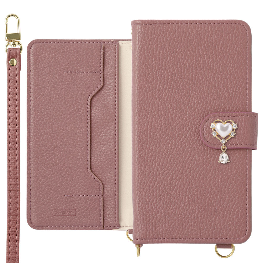 Vegan leather stand function heart deco with shoulder strap notebook-style case (with belt) Galaxy series