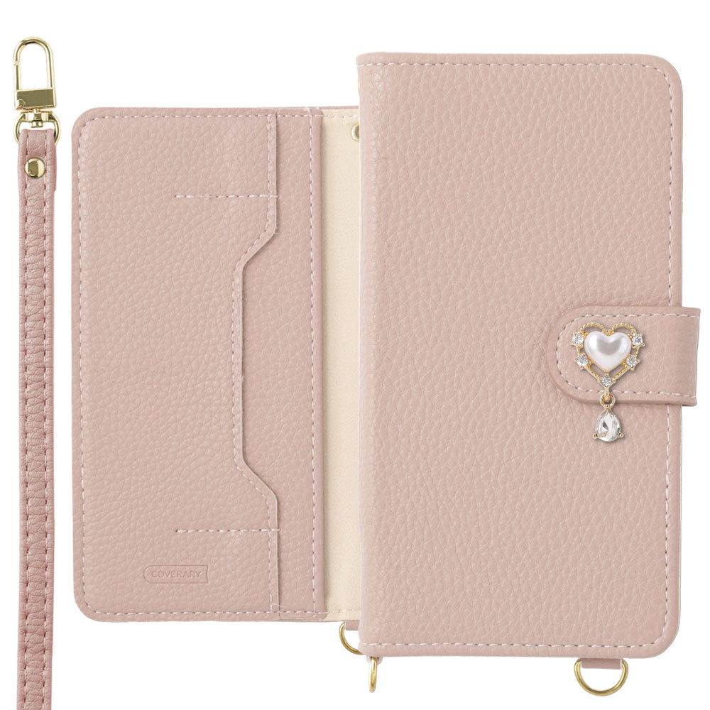 Vegan leather stand function heart deco with shoulder strap notebook-style case (with belt) Galaxy series