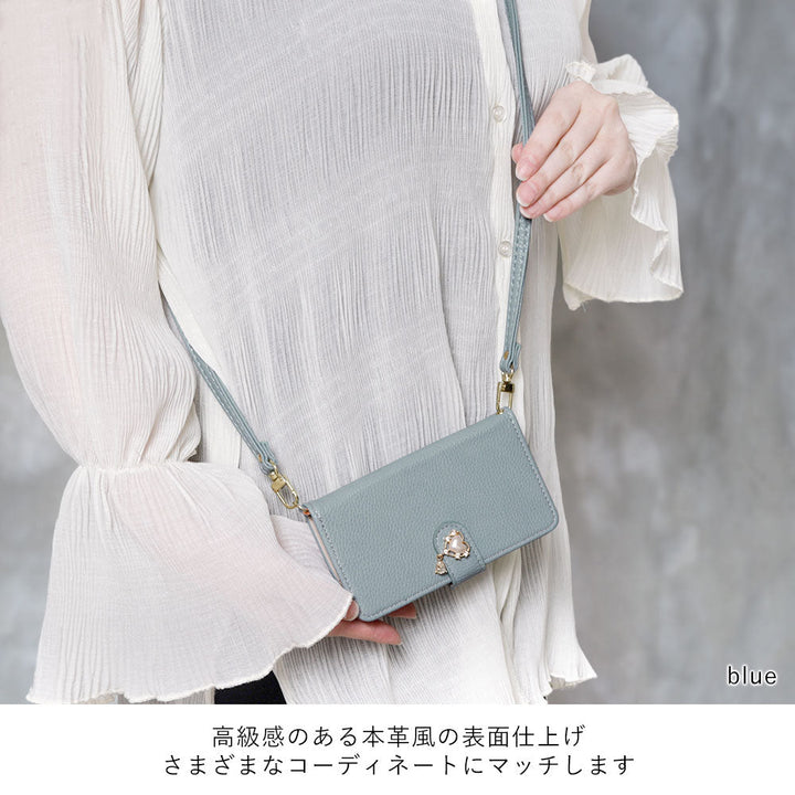 Vegan leather stand function heart deco with shoulder strap notebook-style case (with belt) Galaxy series