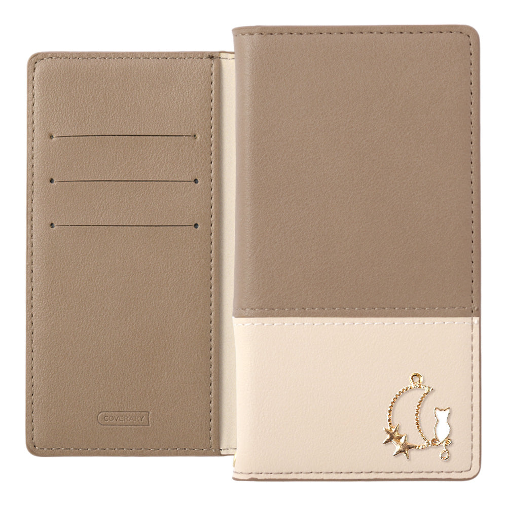 Cuir végan bicolore terne extérieur Fonction support Décoration Moon Cat Étui portefeuille Série AQUOS