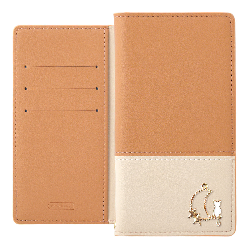 ヴィーガンレザー 表くすみバイカラー スタンド機能 ムーンキャットデコ 手帳型ケース Galaxyシリーズ