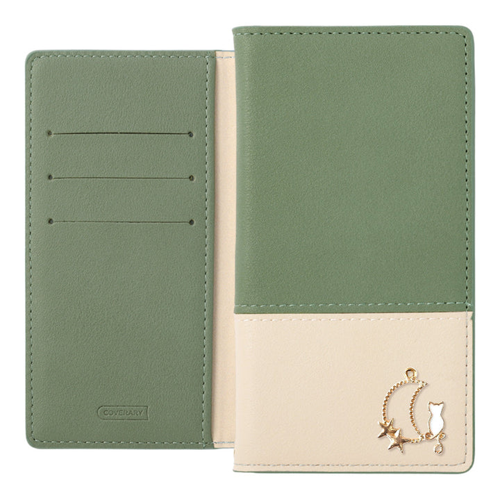 Cuir végan bicolore terne extérieur Fonction support Décoration Moon Cat Étui portefeuille Série AQUOS