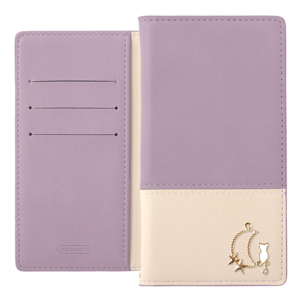 Cuir végan bicolore terne extérieur Fonction support Décoration Moon Cat Étui portefeuille Série AQUOS