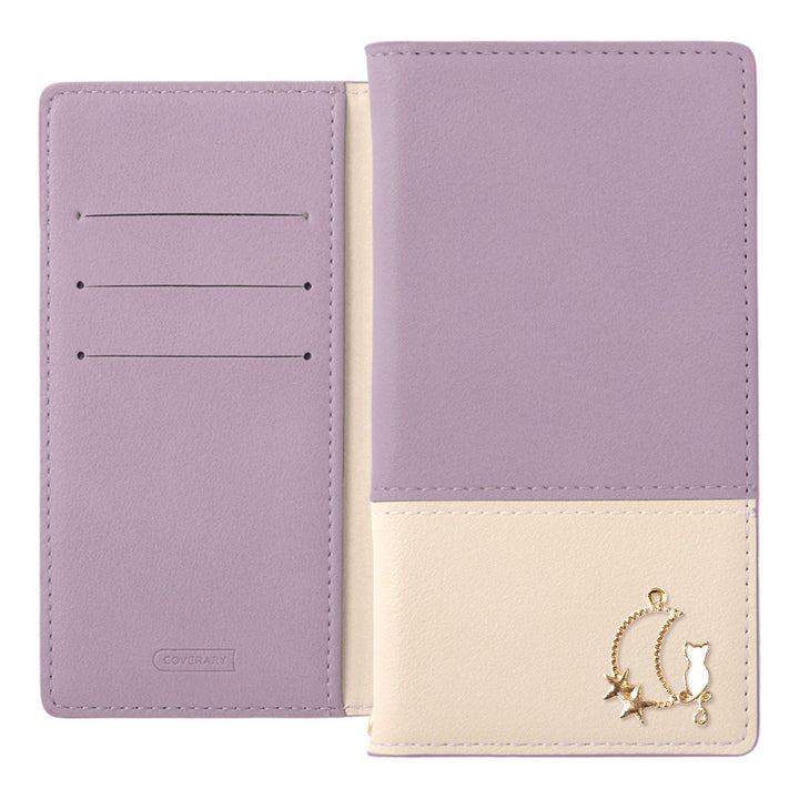 Cuir végan bicolore terne extérieur Fonction support Décoration Moon Cat Étui portefeuille Série AQUOS